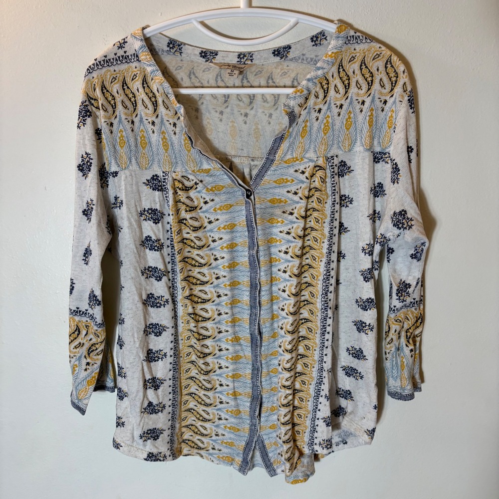 Lucky Brand Blue Yellow Paisley Floral Henley Knit Top Size Medium